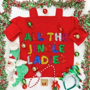Festive “All The Jingle Ladies” Christmas Red Cold-Shoulder Sweater Size Small